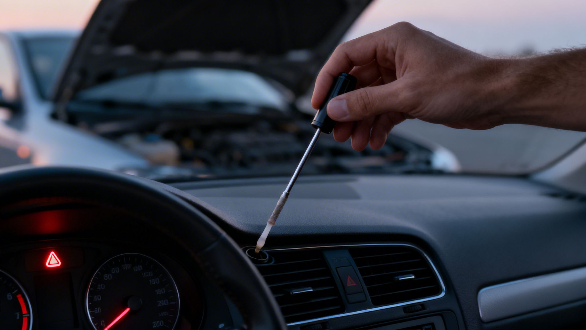 A hand using a screwdriver on a car dashboard while another car's hood is open, indicating car repair.