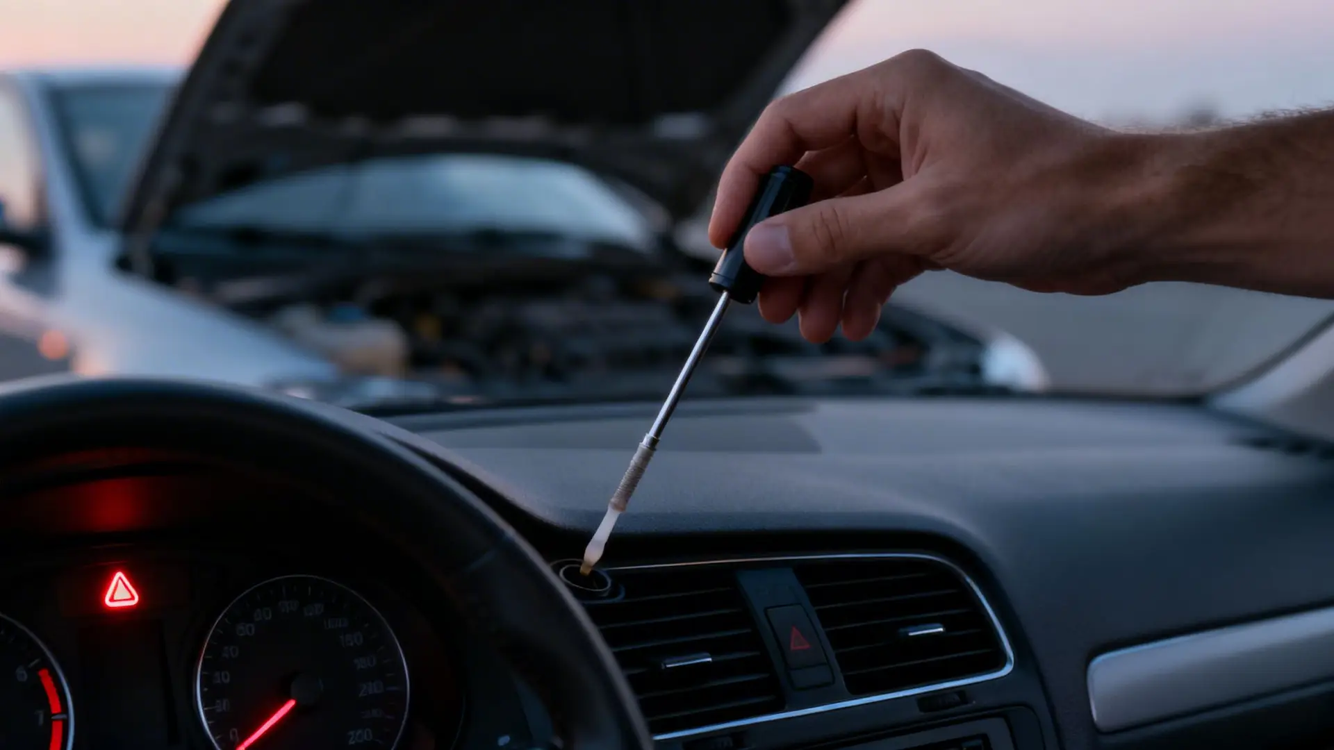 A hand using a screwdriver on a car dashboard while another car's hood is open, indicating car repair.