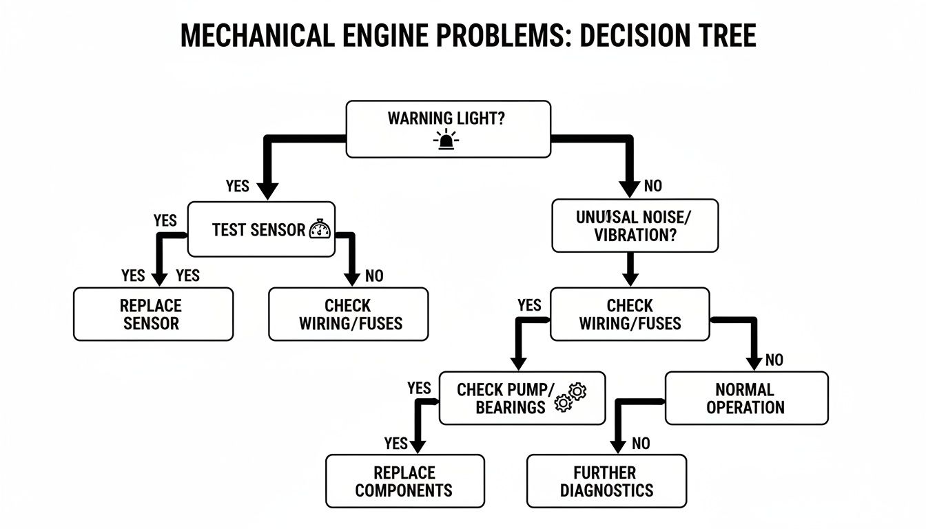 Decision tree flowchart for diagnosing mechanical engine problems, guiding users through troubleshooting steps based on symptoms.