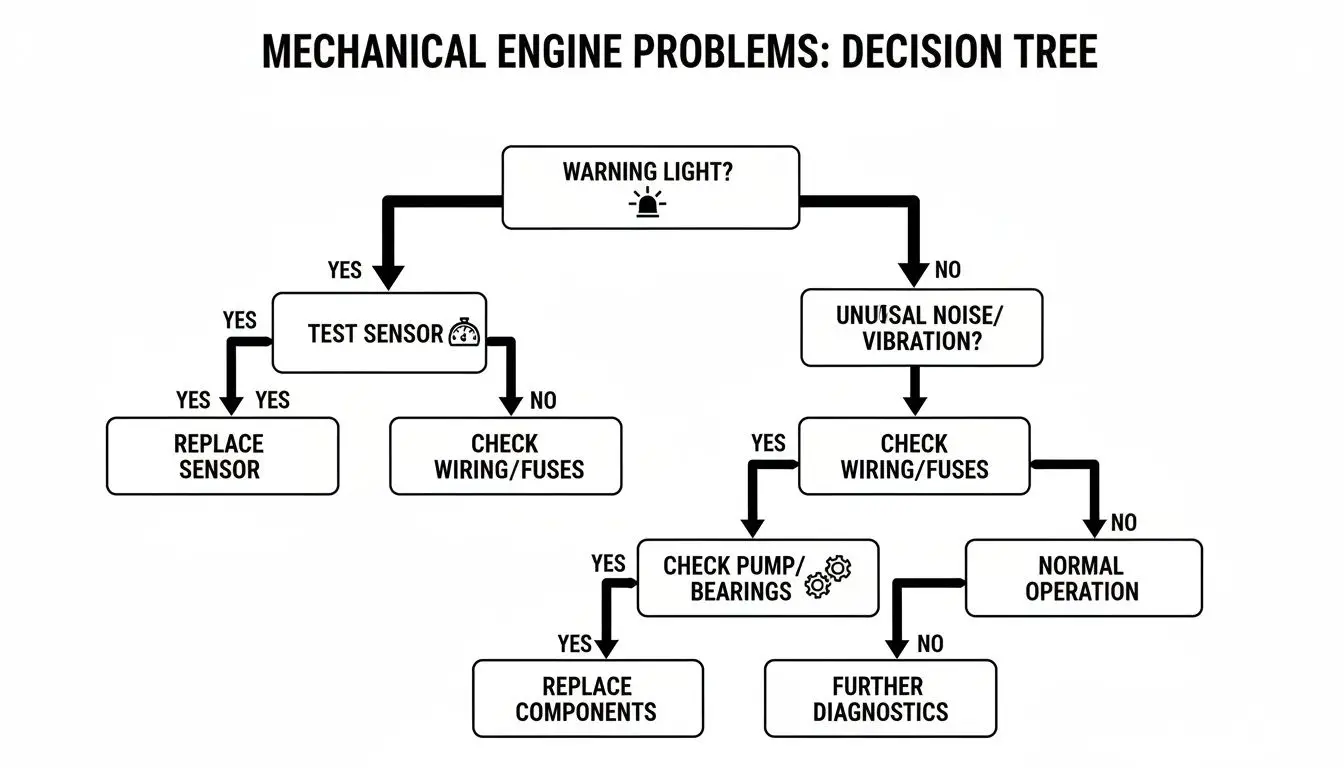 Decision tree flowchart for diagnosing mechanical engine problems, guiding users through troubleshooting steps based on symptoms.