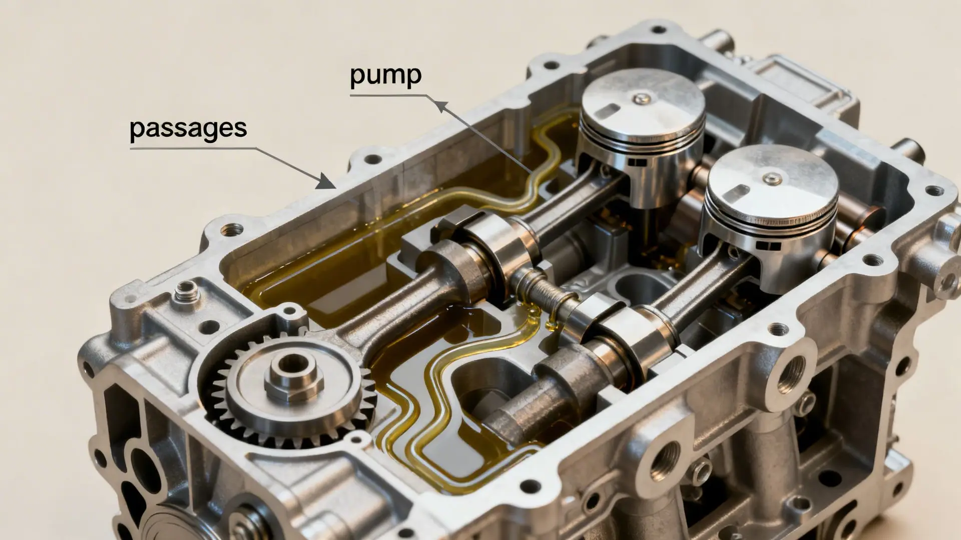 Detailed cutaway view of an engine block with lubricating oil, pistons, crankshaft, and internal pump.