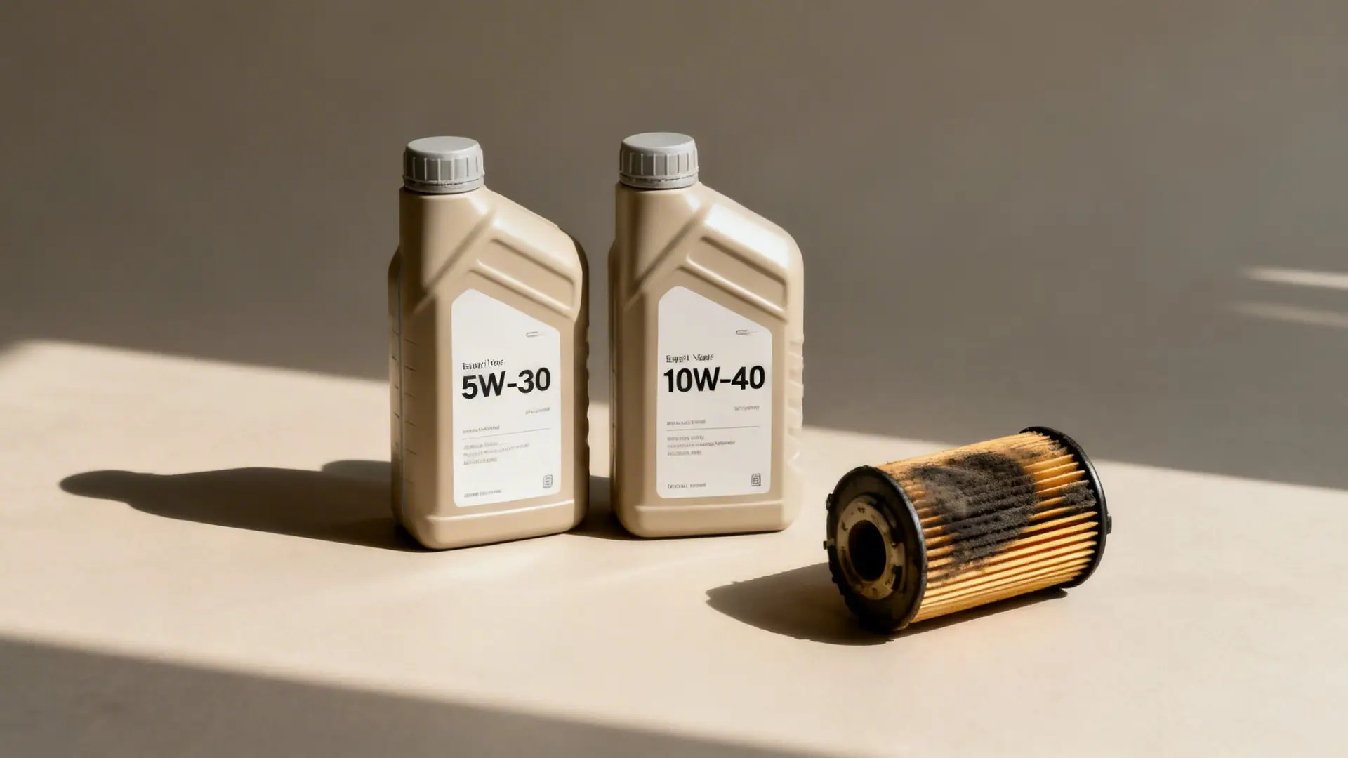 Two bottles of motor oil (5W-30, 10W-40) and a used, dirty engine oil filter on a beige surface.