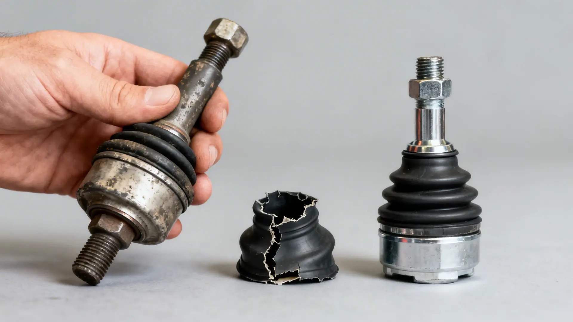A hand holds a worn car ball joint with a ripped boot, beside a damaged boot and a new ball joint.