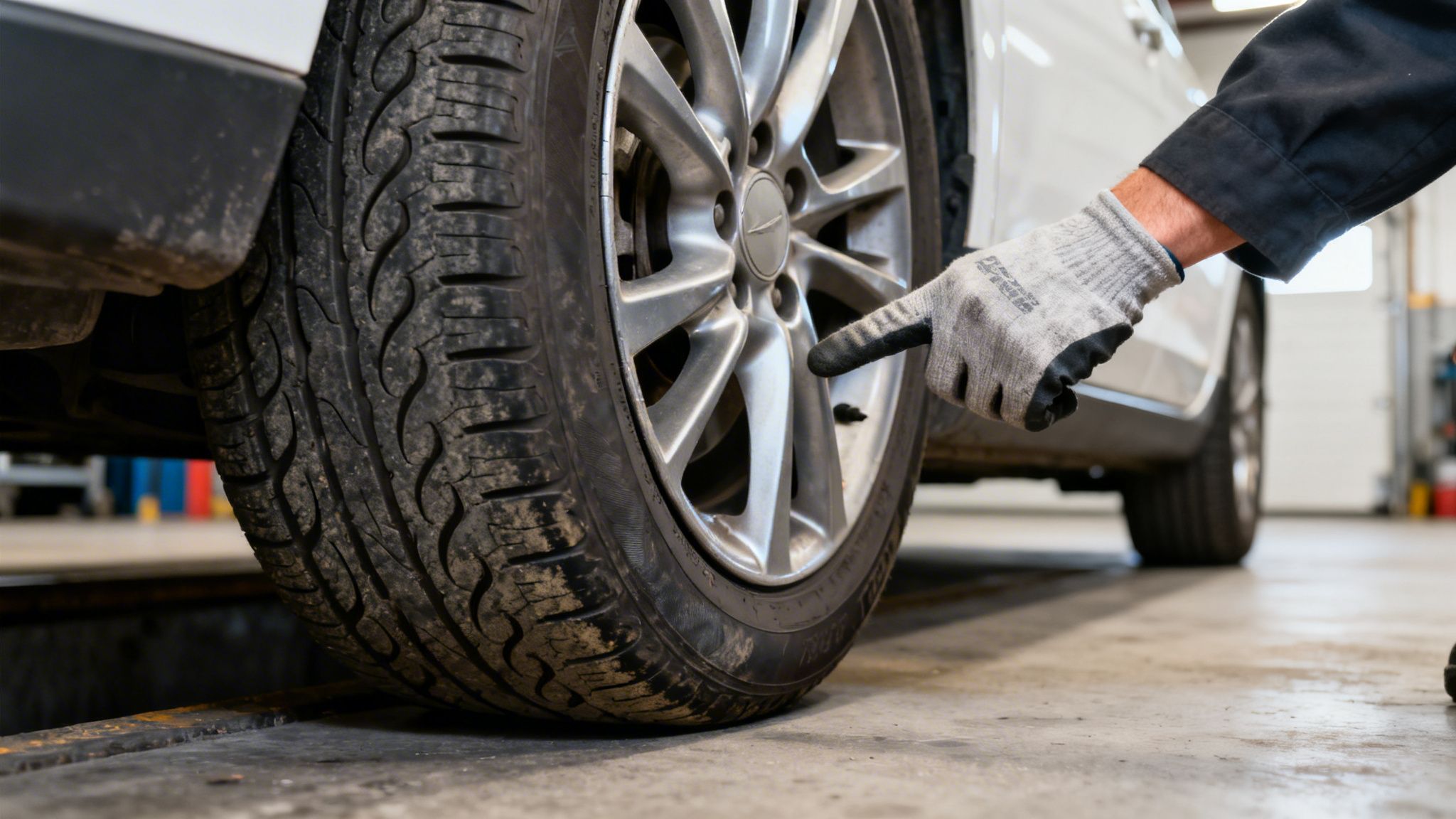 A gloved hand points to a dirty car tire and wheel during an inspection in a garage.