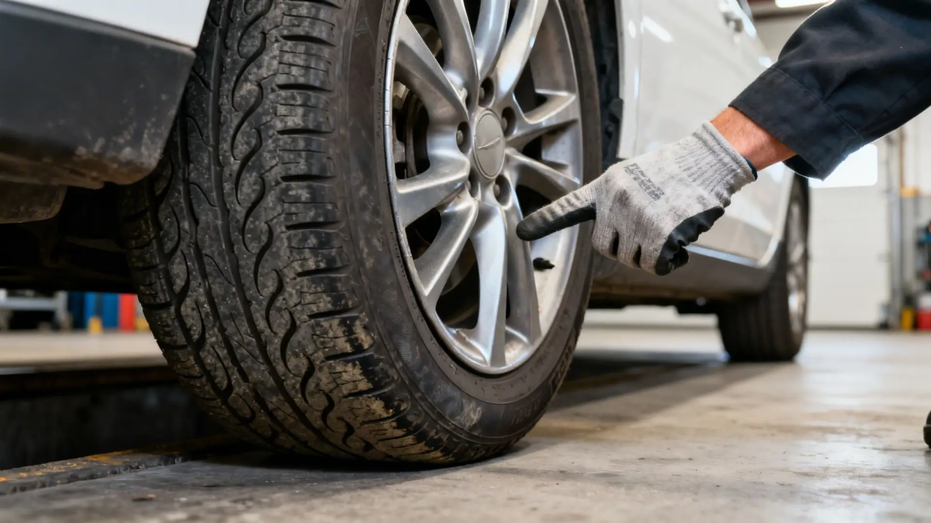 A gloved hand points to a dirty car tire and wheel during an inspection in a garage.