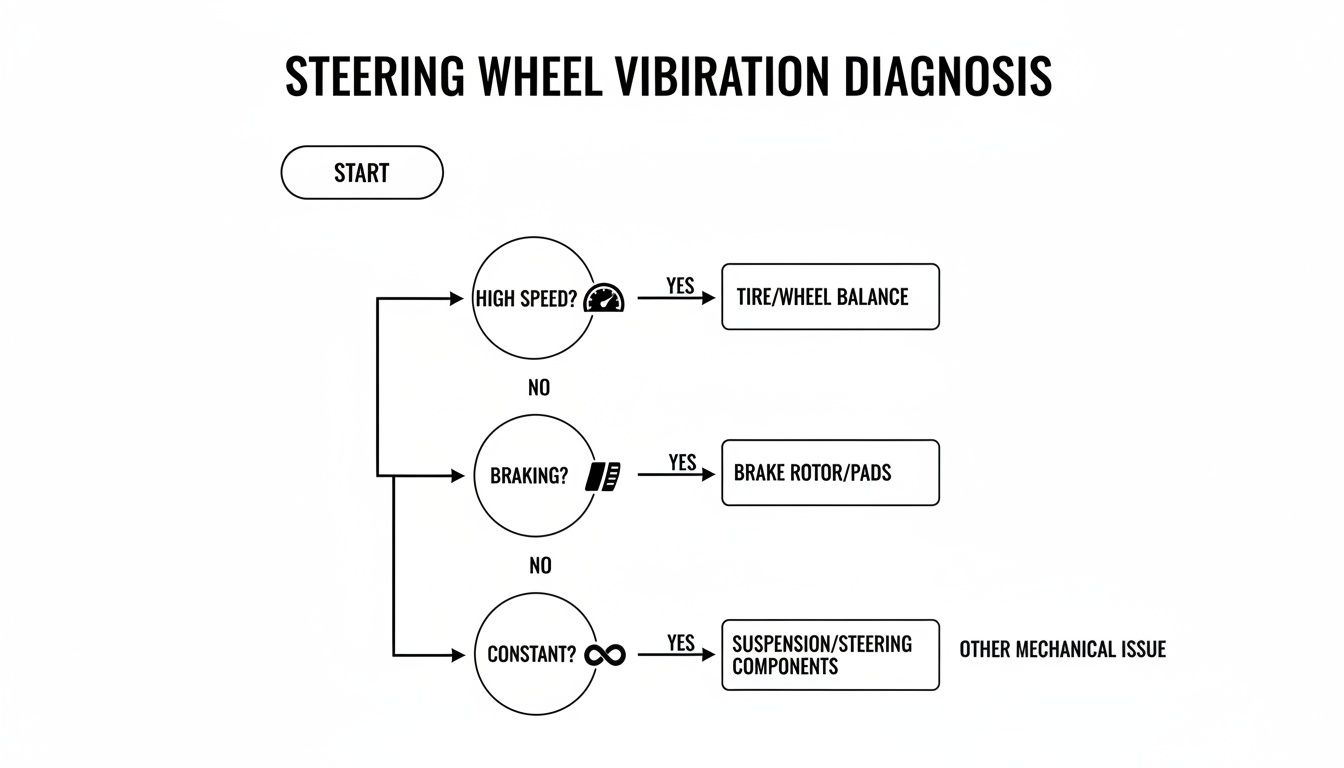 Flowchart diagnosing steering wheel vibration issues based on high speed, braking, and constancy.