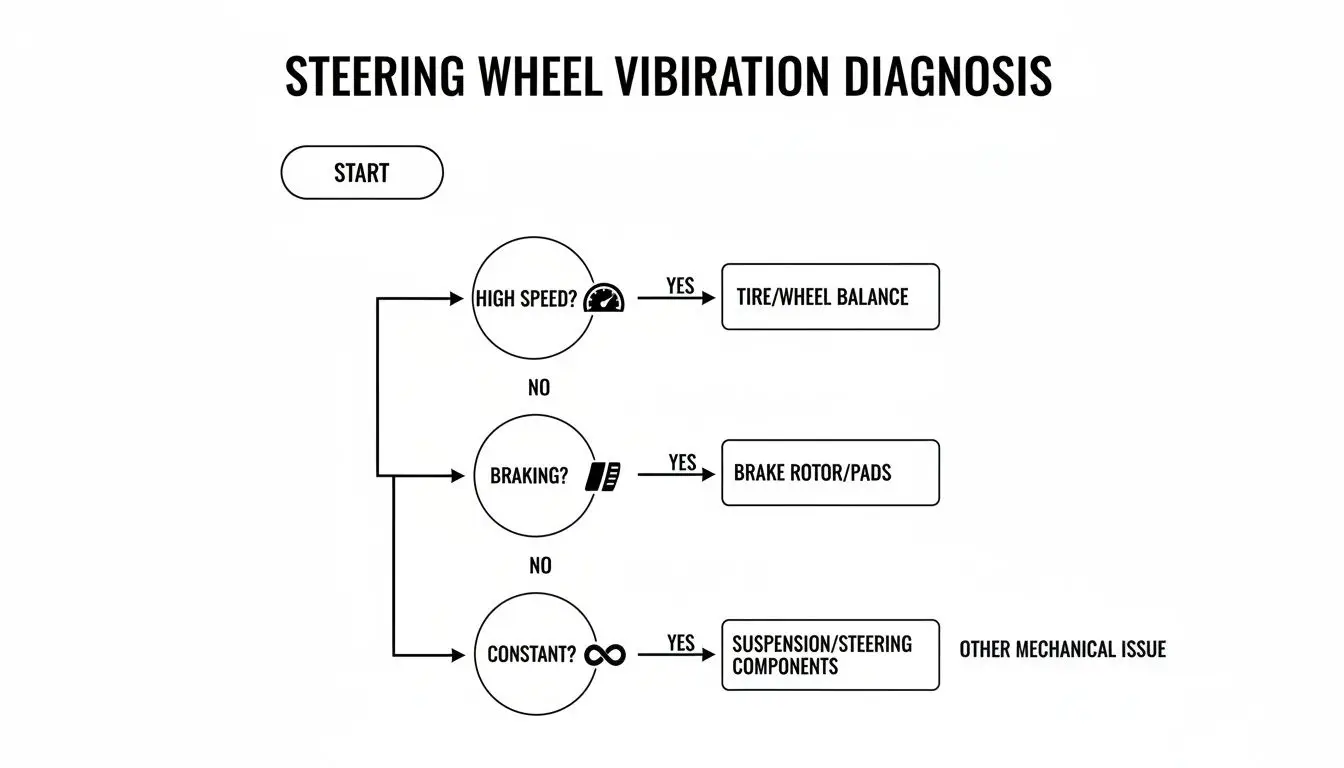 Flowchart diagnosing steering wheel vibration issues based on high speed, braking, and constancy.