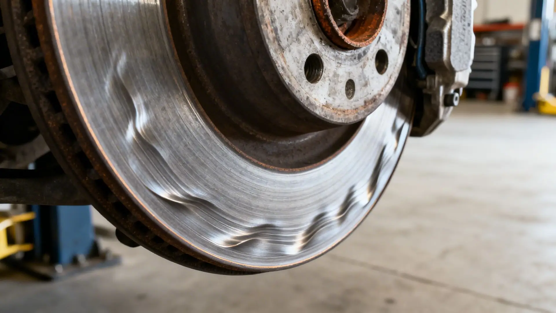 Close-up of a severely worn and warped car brake rotor with rust in a garage setting.
