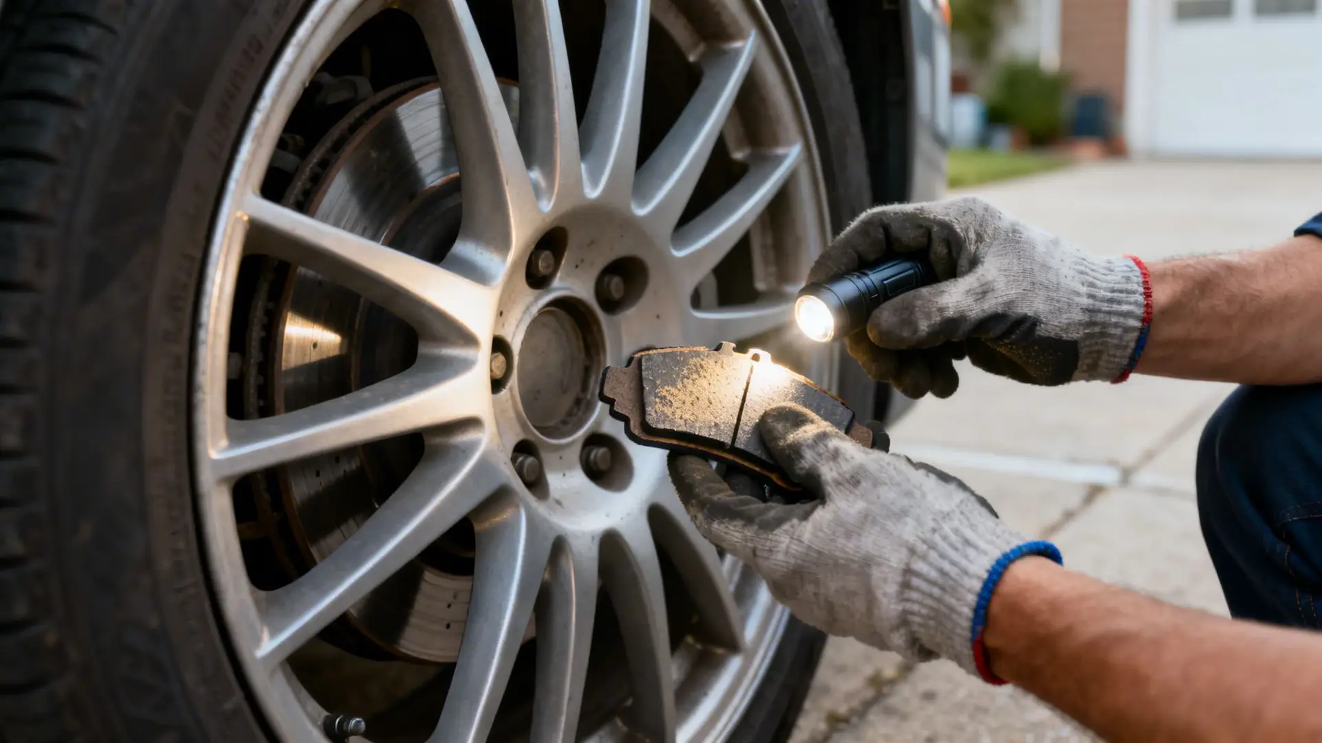 A person in work gloves uses a flashlight to inspect a used brake pad next to a car's wheel and disc brake.