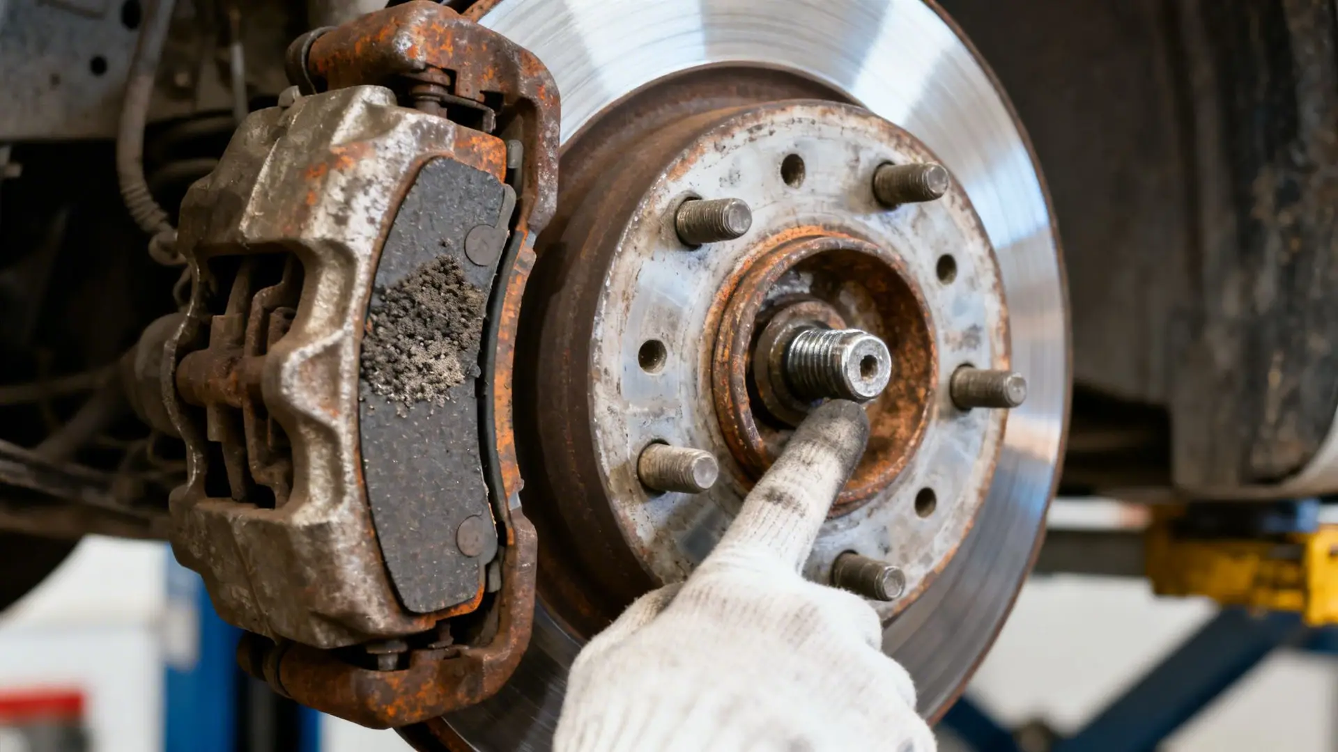 Close-up of a car's rusty brake caliper, rotor, and worn pad with a gloved hand pointing at the hub during service.
