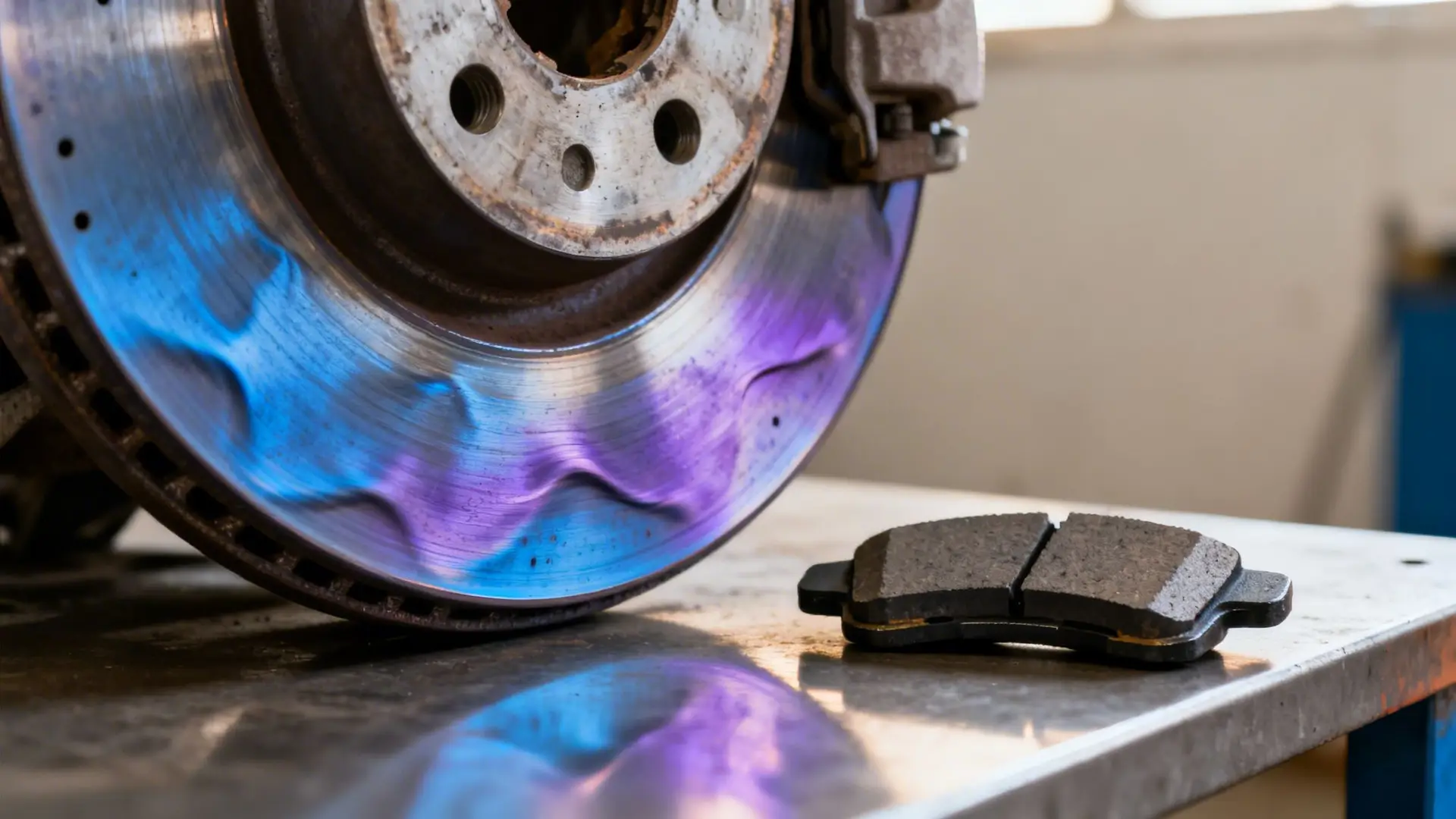 A car's rusty brake disc with vibrant blue and purple reflections next to a new brake pad.