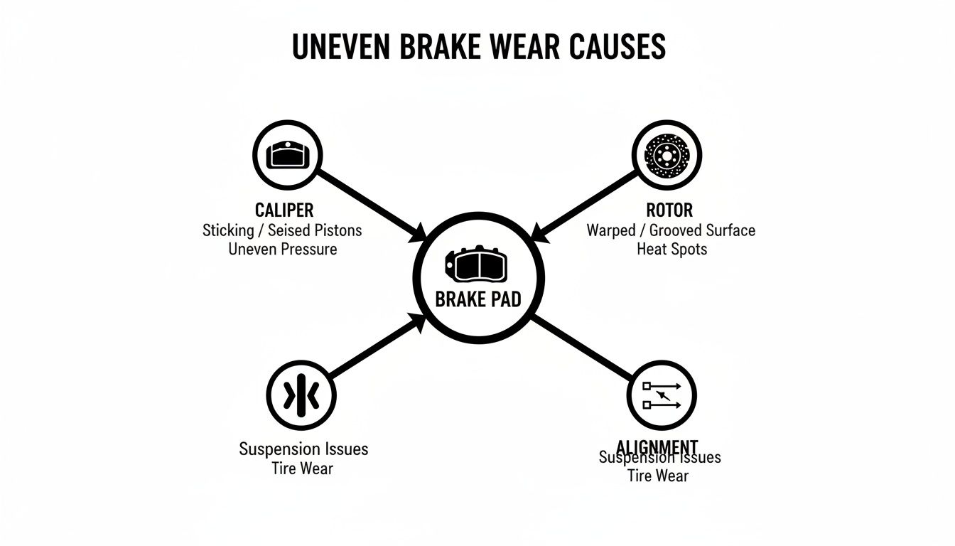 Diagram illustrating the causes of uneven brake wear, including caliper, rotor, suspension, and alignment issues.