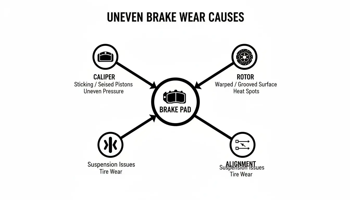 Diagram illustrating the causes of uneven brake wear, including caliper, rotor, suspension, and alignment issues.
