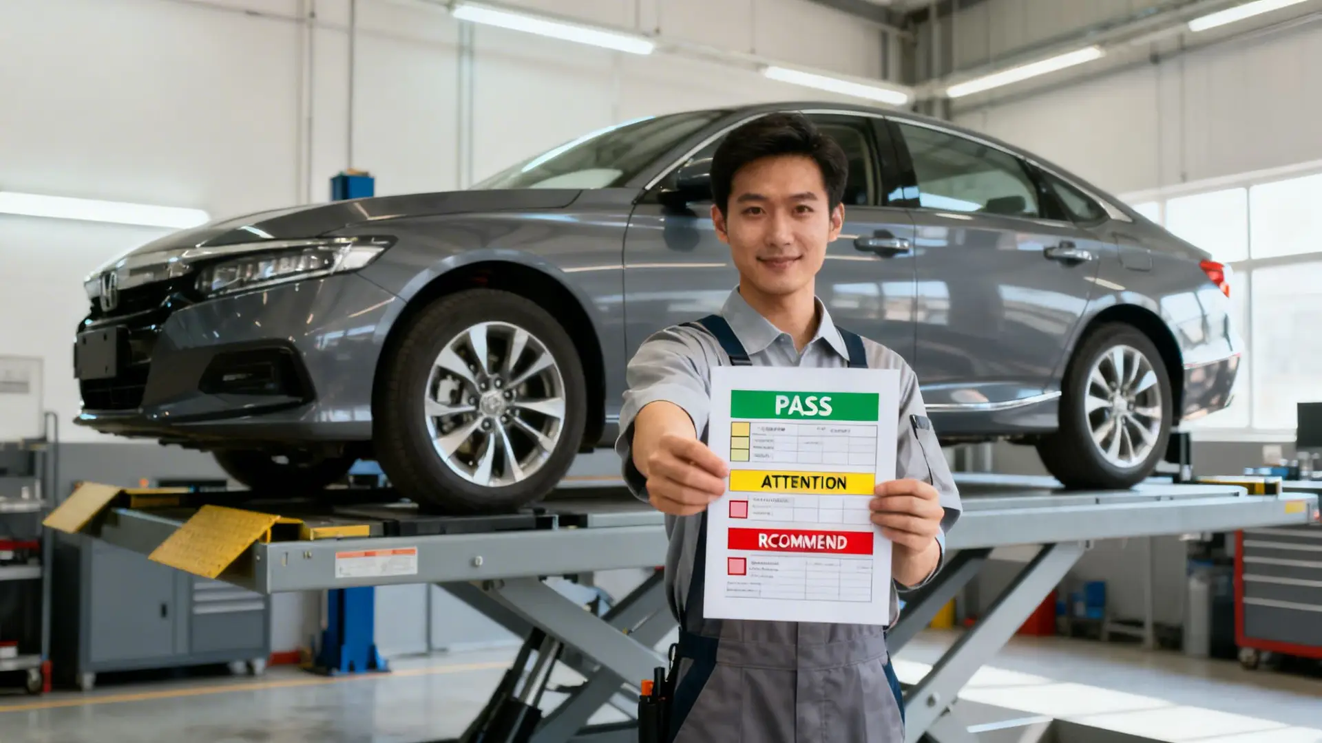 Smiling mechanic holds a multi-point vehicle inspection report in a modern car service center.