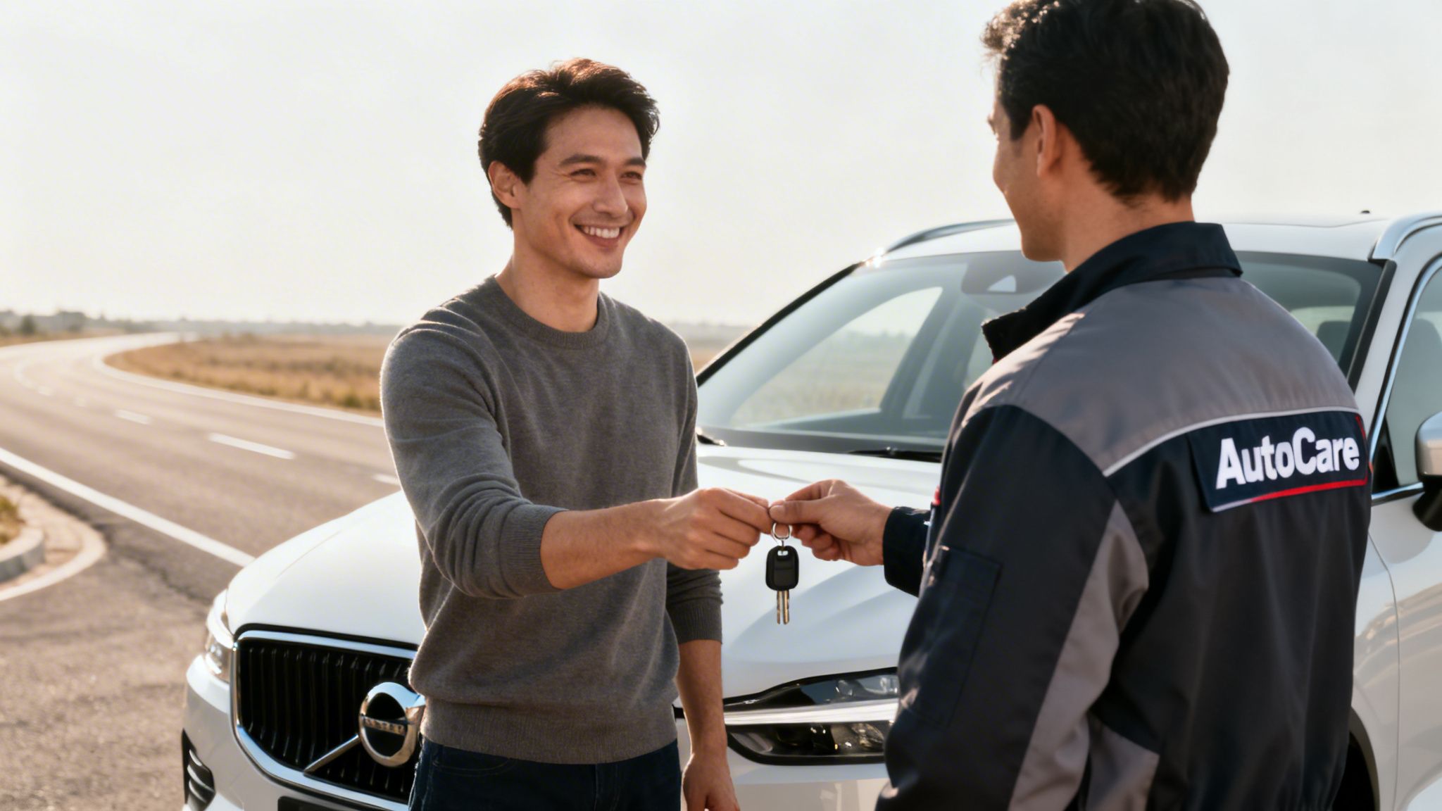 A smiling man receives car keys from an AutoCare technician next to a white Volvo SUV.