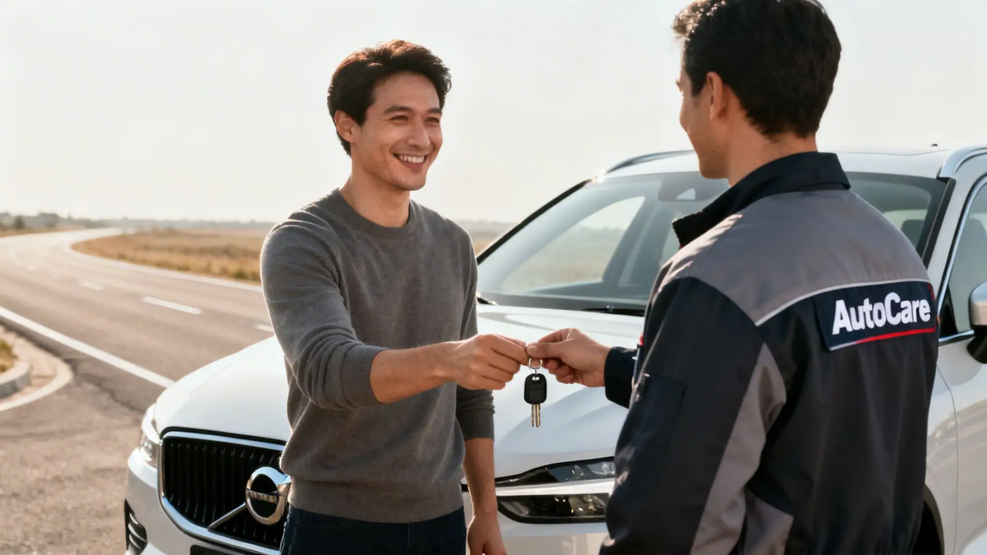 A smiling man receives car keys from an AutoCare technician next to a white Volvo SUV.