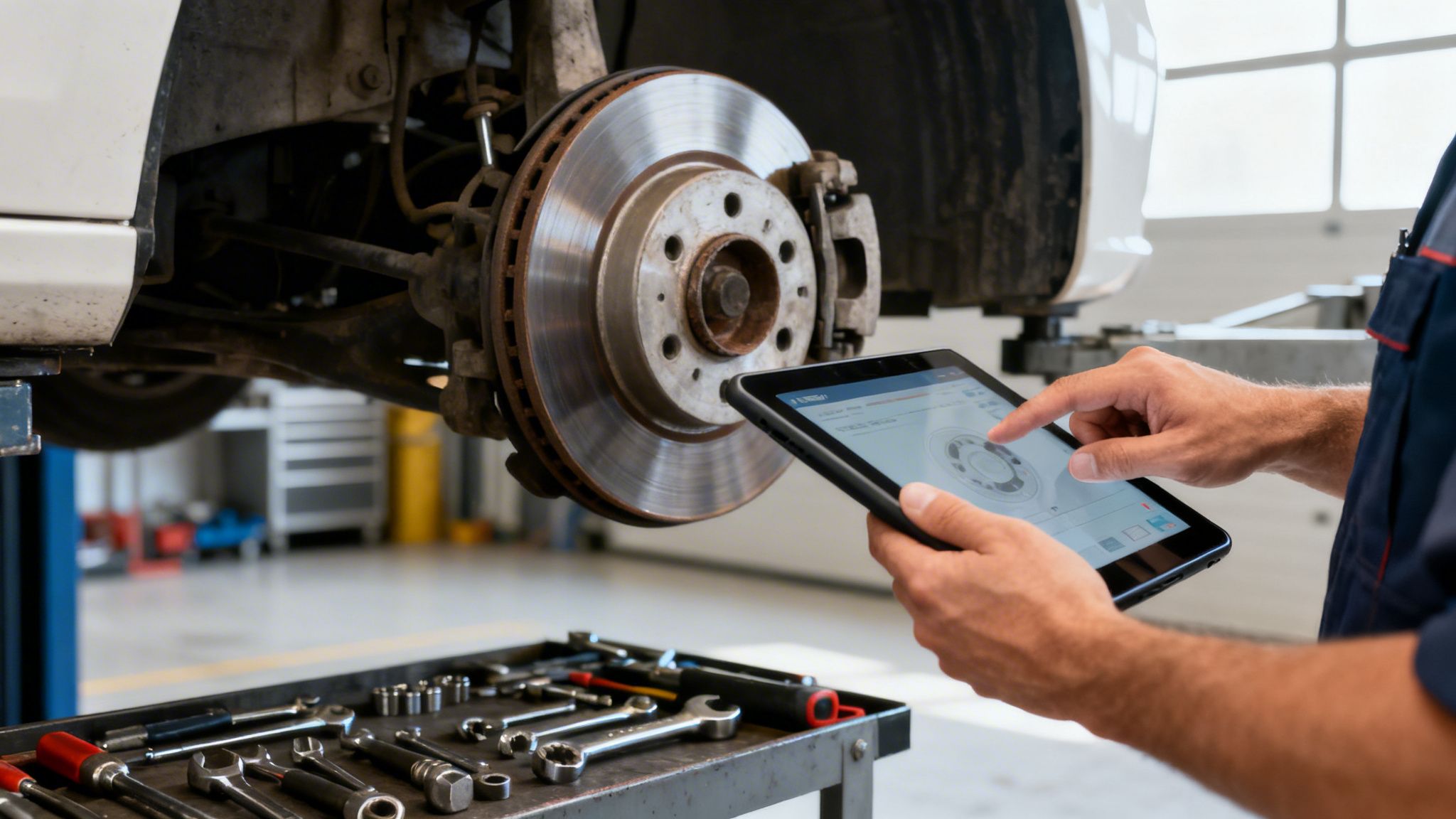 A mechanic uses a digital tablet to inspect a car's exposed brake system in an auto repair shop.