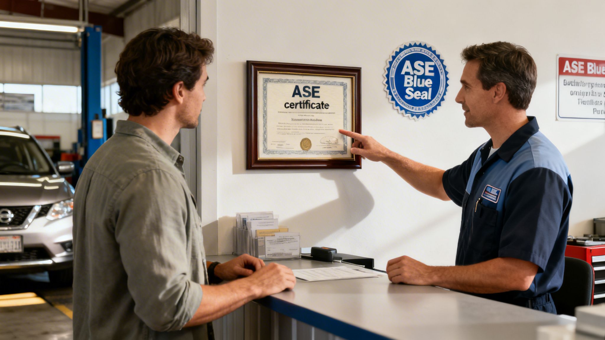 An auto mechanic shows an ASE certification to a customer at a service desk in a garage.