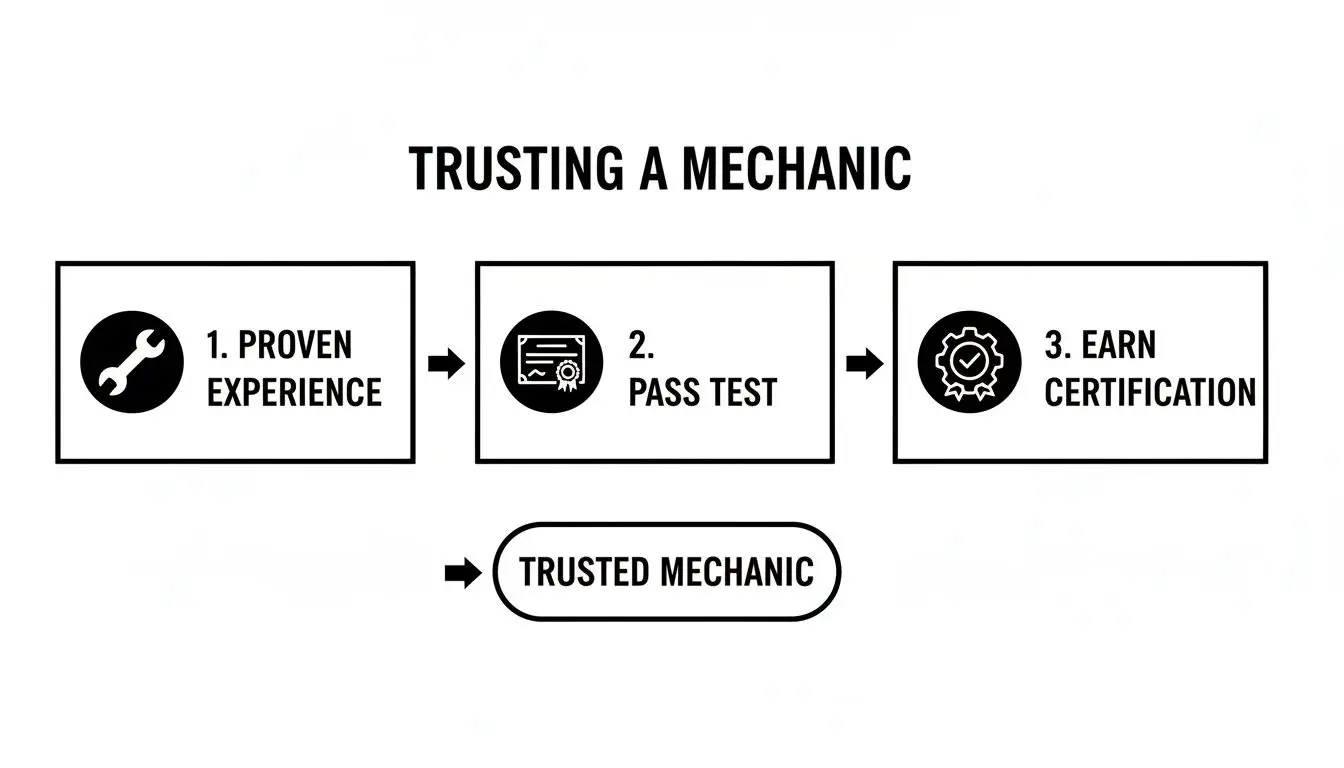 Flowchart showing steps to trusting a mechanic: proven experience, passing tests, and earning certification.