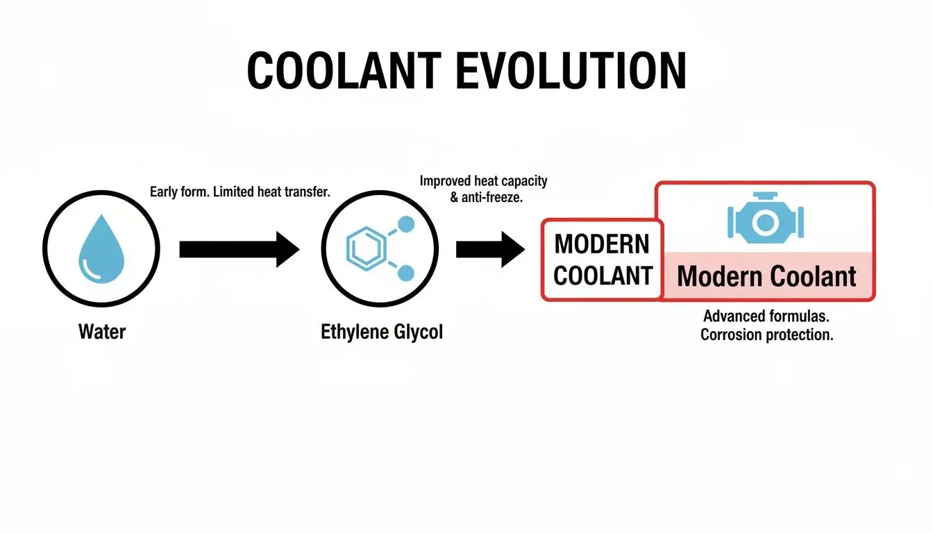 Diagram illustrating the evolution of engine coolant, from water and ethylene glycol to modern advanced formulas with corrosion protection.