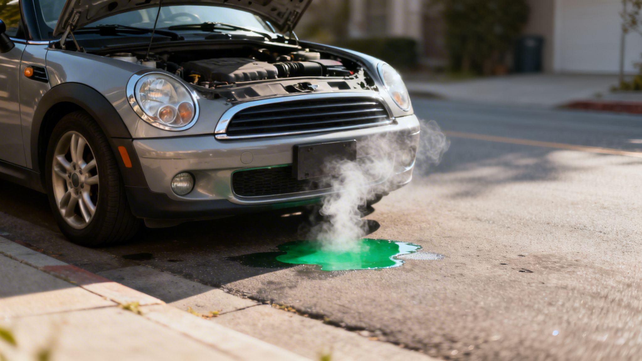 A silver Mini Cooper with its hood open, leaking green coolant and steaming on a street.