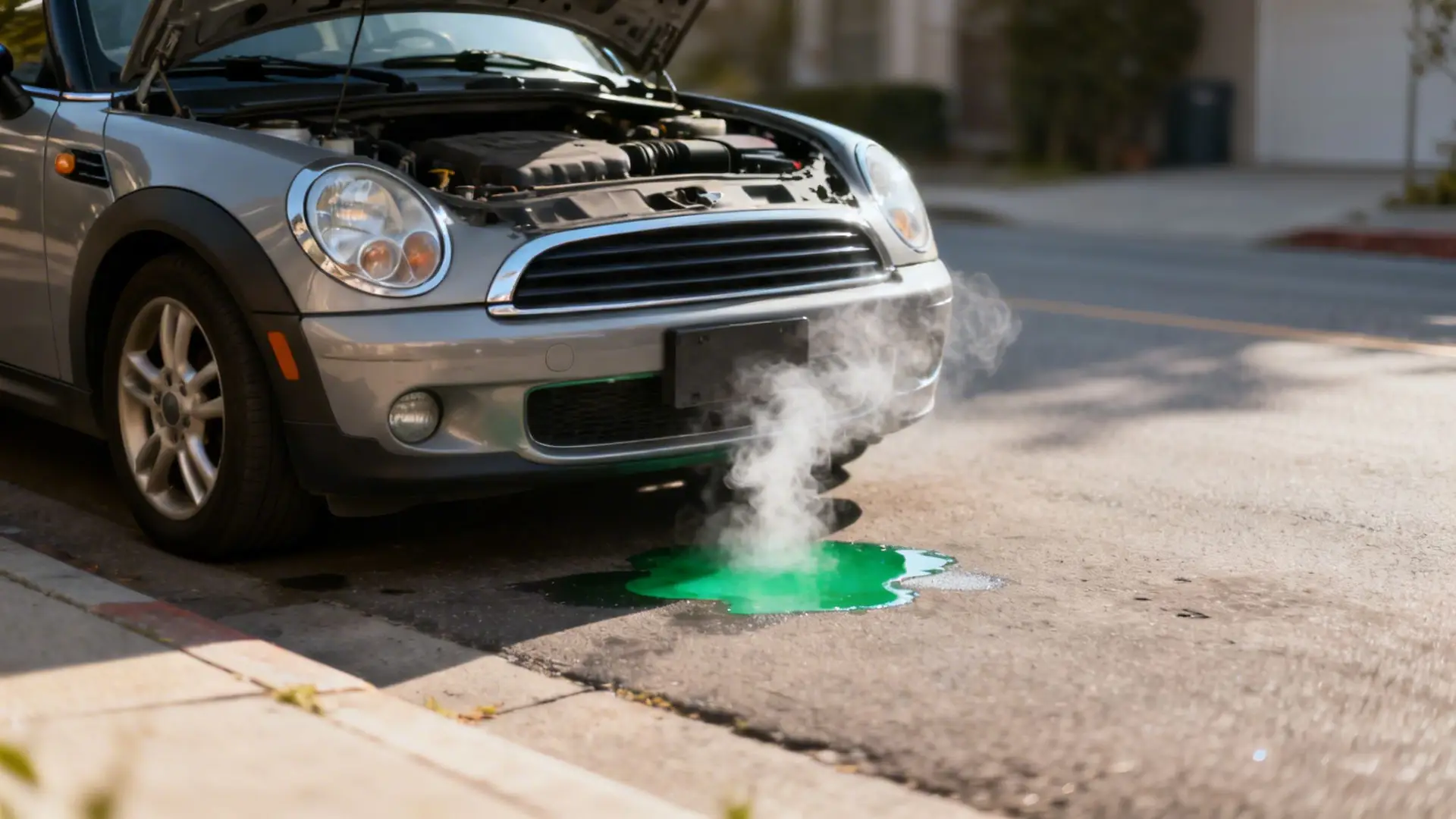 A silver Mini Cooper with its hood open, leaking green coolant and steaming on a street.