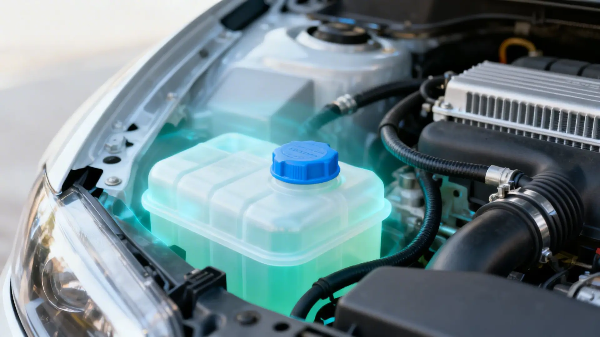 Car engine bay with an illuminated coolant expansion tank, highlighting fluid levels.