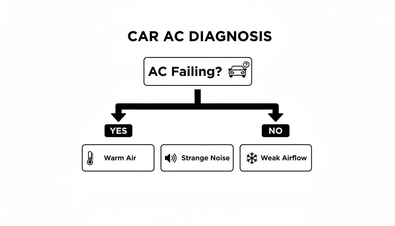 Flowchart for car AC diagnosis: 'AC Failing?' decision leads to 'Warm Air,' 'Strange Noise,' or 'Weak Airflow' symptoms.