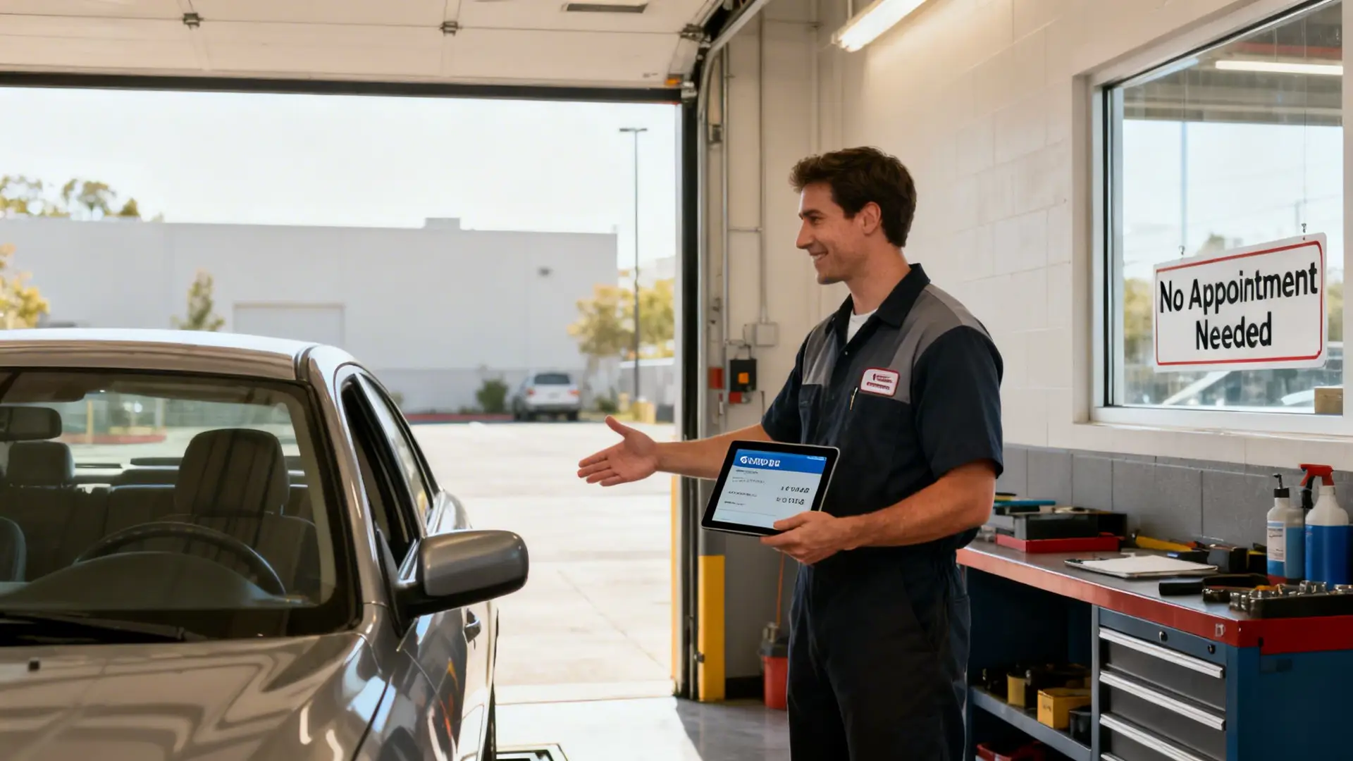 A friendly auto mechanic in a garage shows car service information on a tablet.