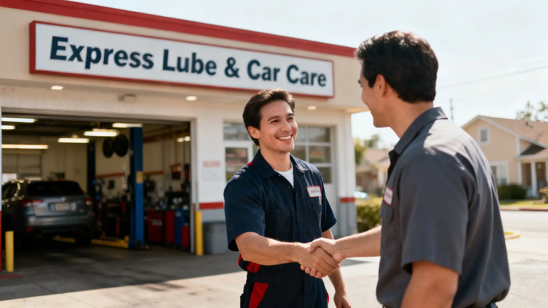 Two smiling mechanics shaking hands in front of an Express Lube & Car Care shop.
