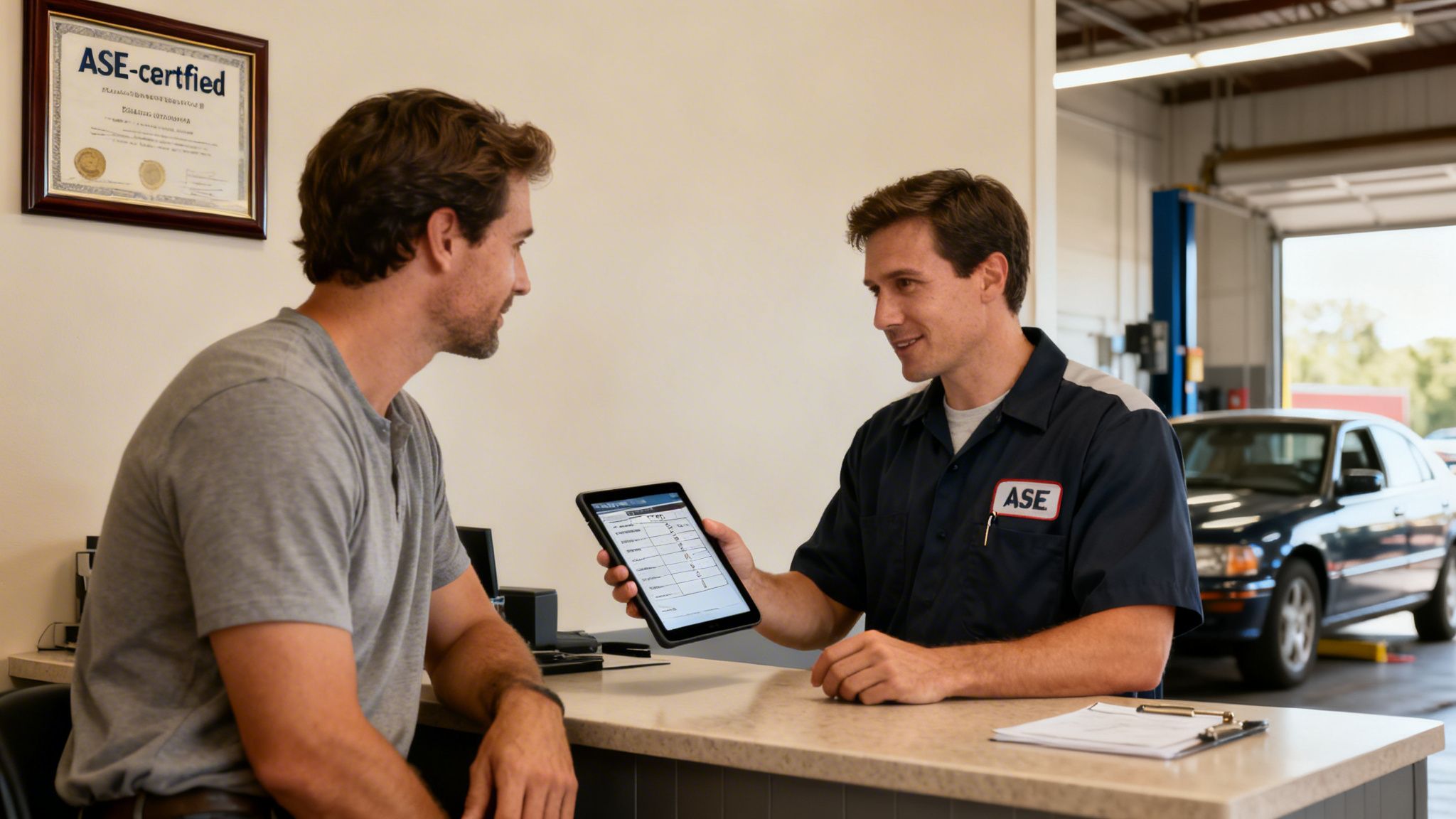 An ASE-certified auto mechanic shows repair details on a tablet to a customer at a service counter in a garage.