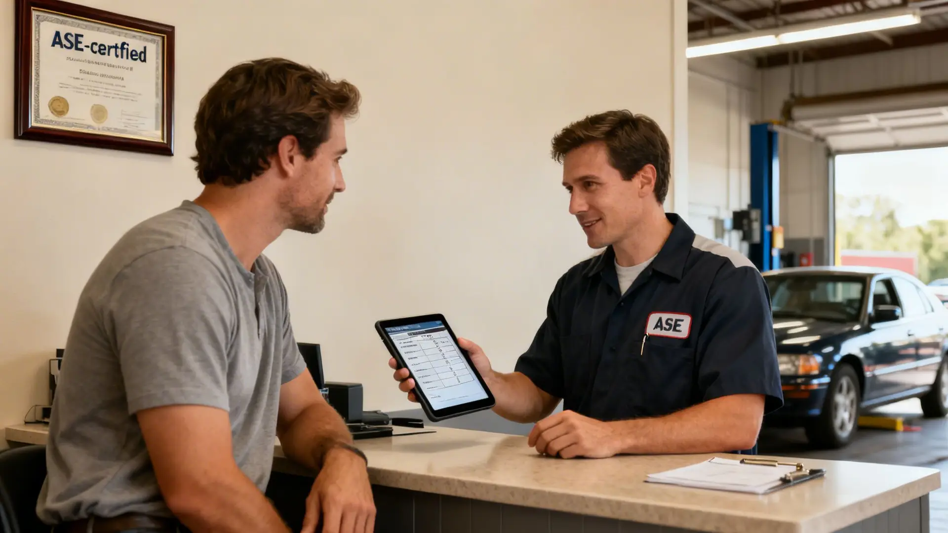 An ASE-certified auto mechanic shows repair details on a tablet to a customer at a service counter in a garage.