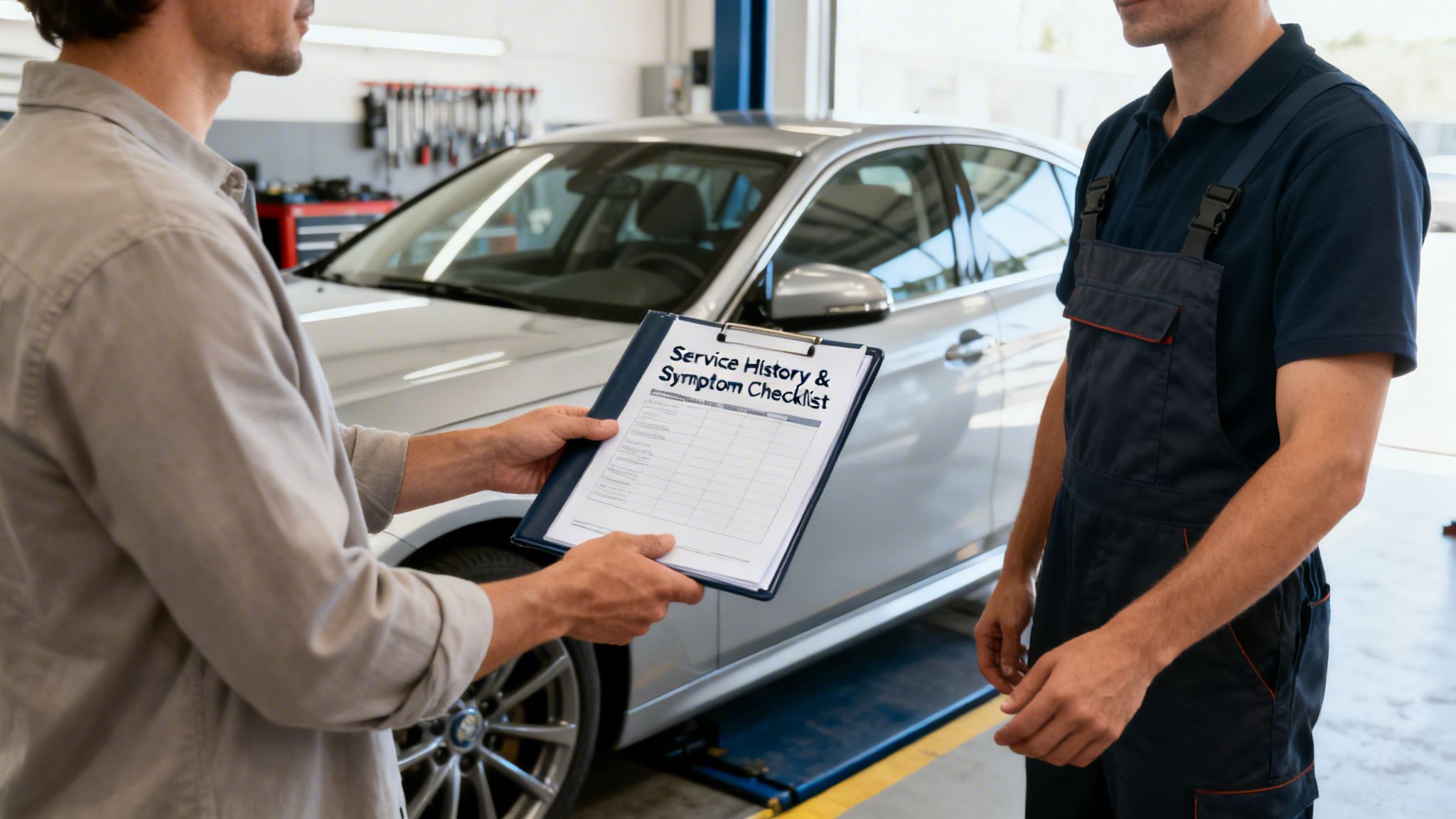 Customer hands a service history and symptom checklist to a mechanic in a car repair shop.