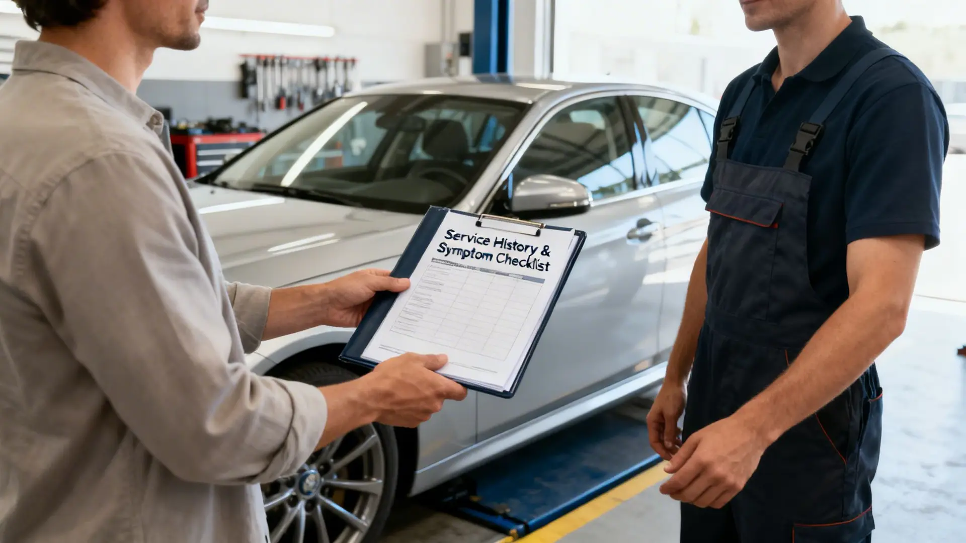 Customer hands a service history and symptom checklist to a mechanic in a car repair shop.