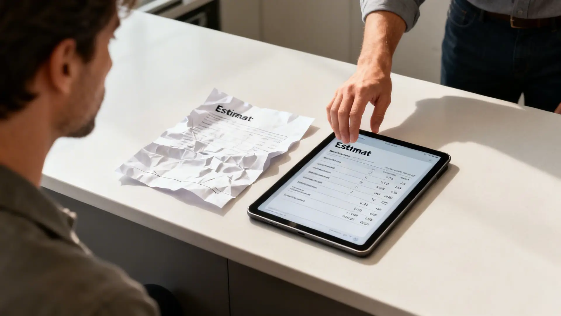 Two people comparing a crumpled paper estimate with a digital estimate on a tablet.