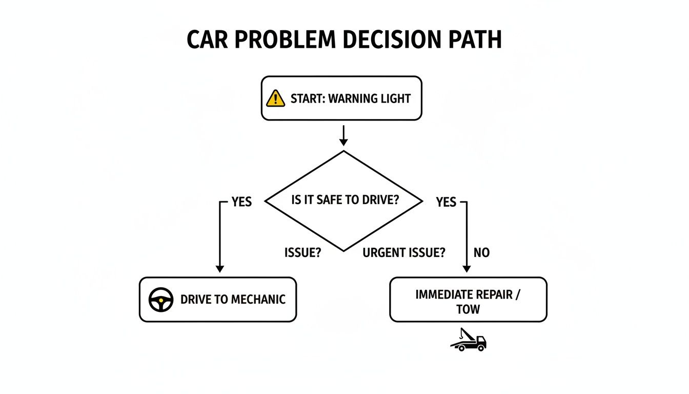 Flowchart showing car problem decision steps, from warning light to mechanic or immediate repair/tow.
