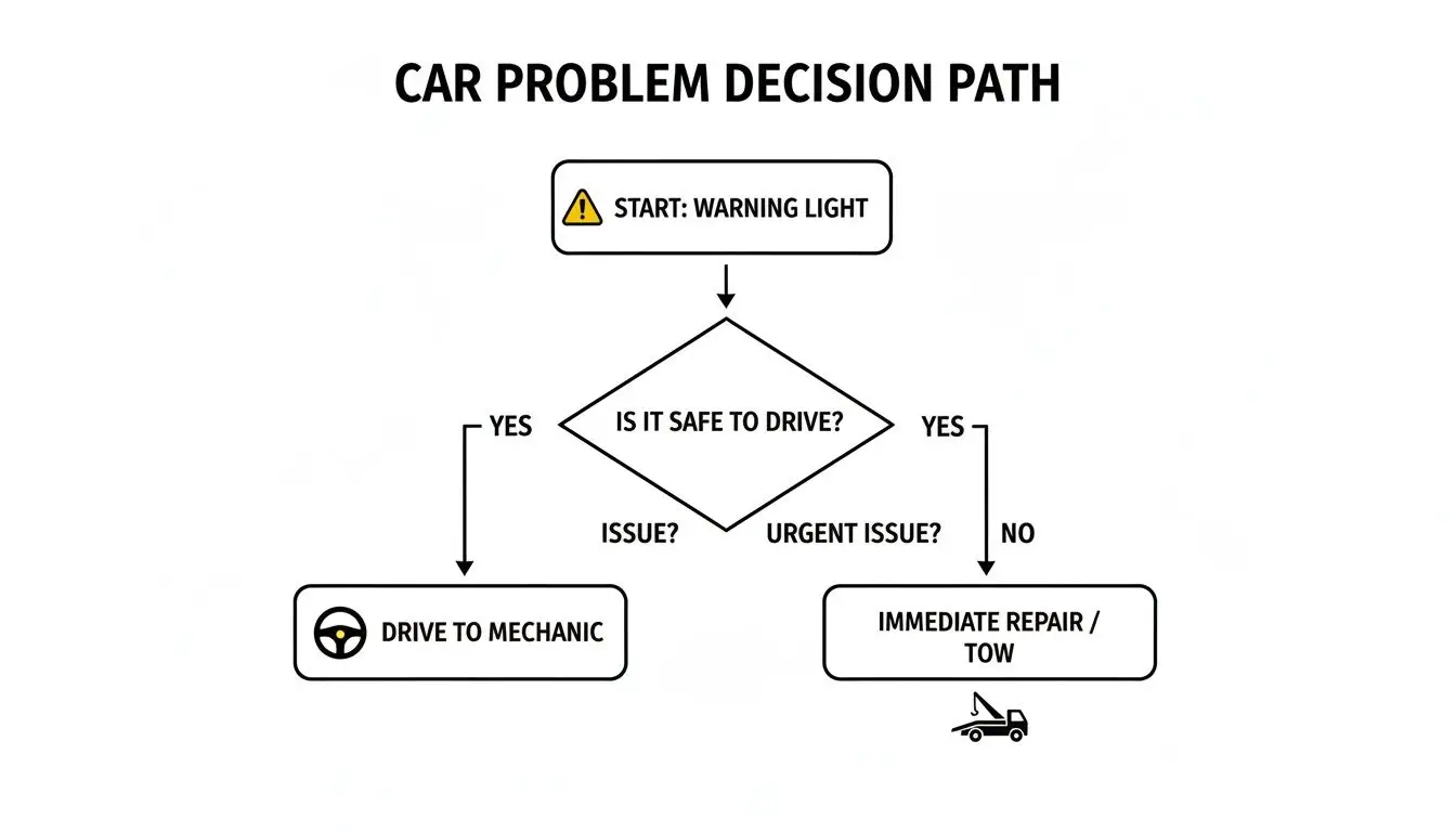 Flowchart showing car problem decision steps, from warning light to mechanic or immediate repair/tow.