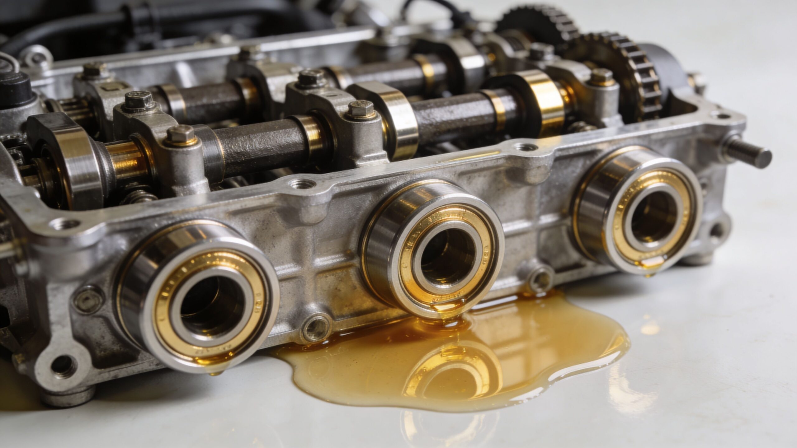 Close-up view of an engine cylinder head with ball bearings and fresh motor oil leaking out.