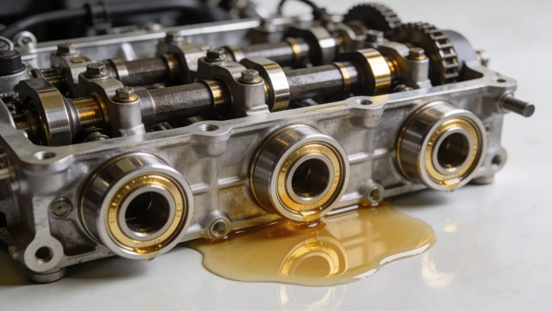 Close-up view of an engine cylinder head with ball bearings and fresh motor oil leaking out.