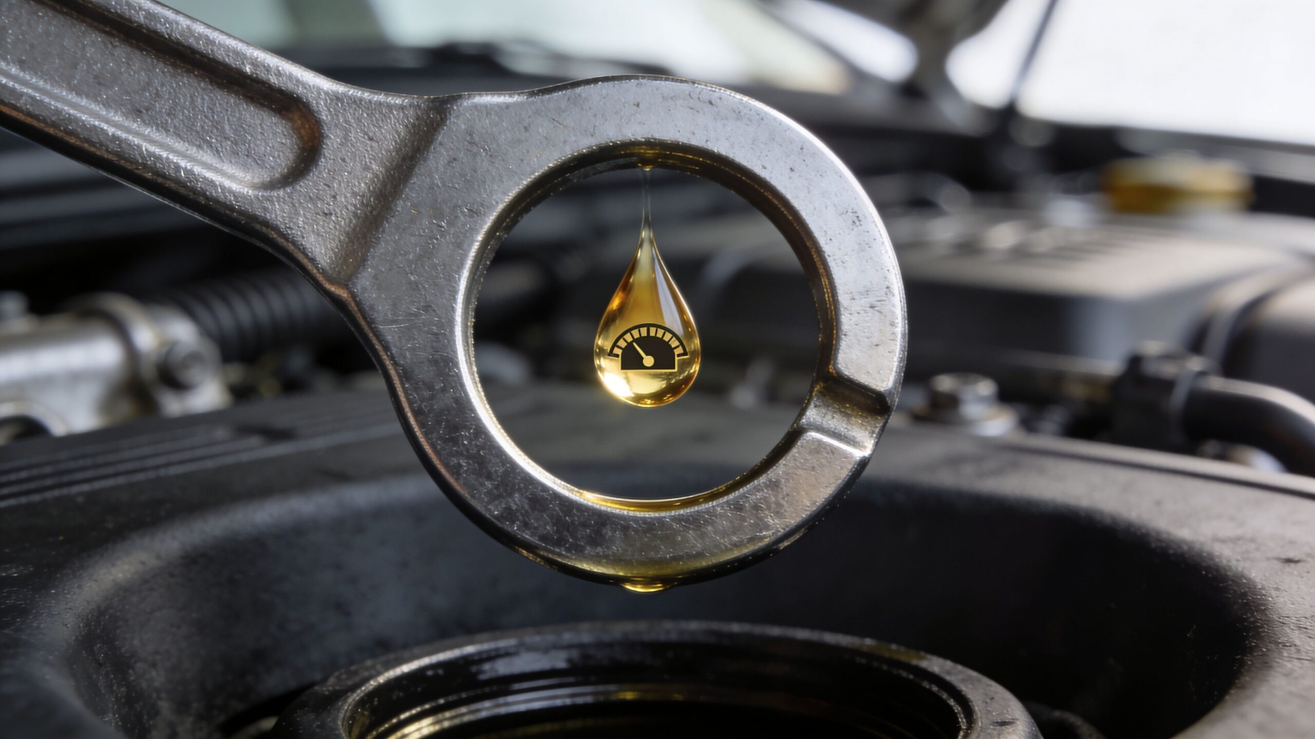 A close-up view of an oil drop with a gauge icon inside, suspended by a metal tool.
