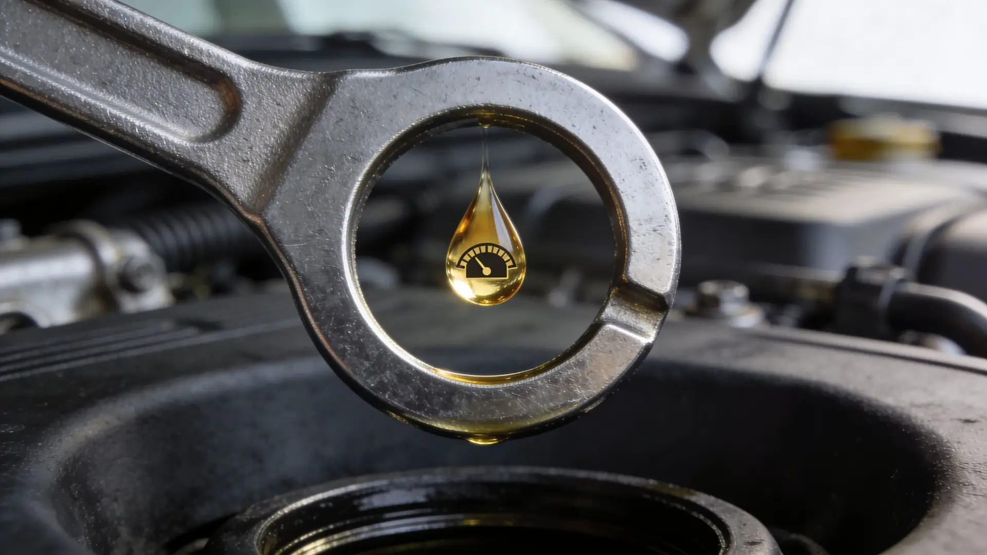 A close-up view of an oil drop with a gauge icon inside, suspended by a metal tool.