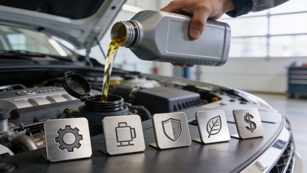 Pouring motor oil into car engine bay