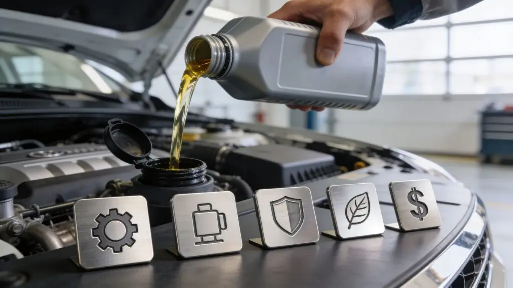 Pouring motor oil into car engine bay