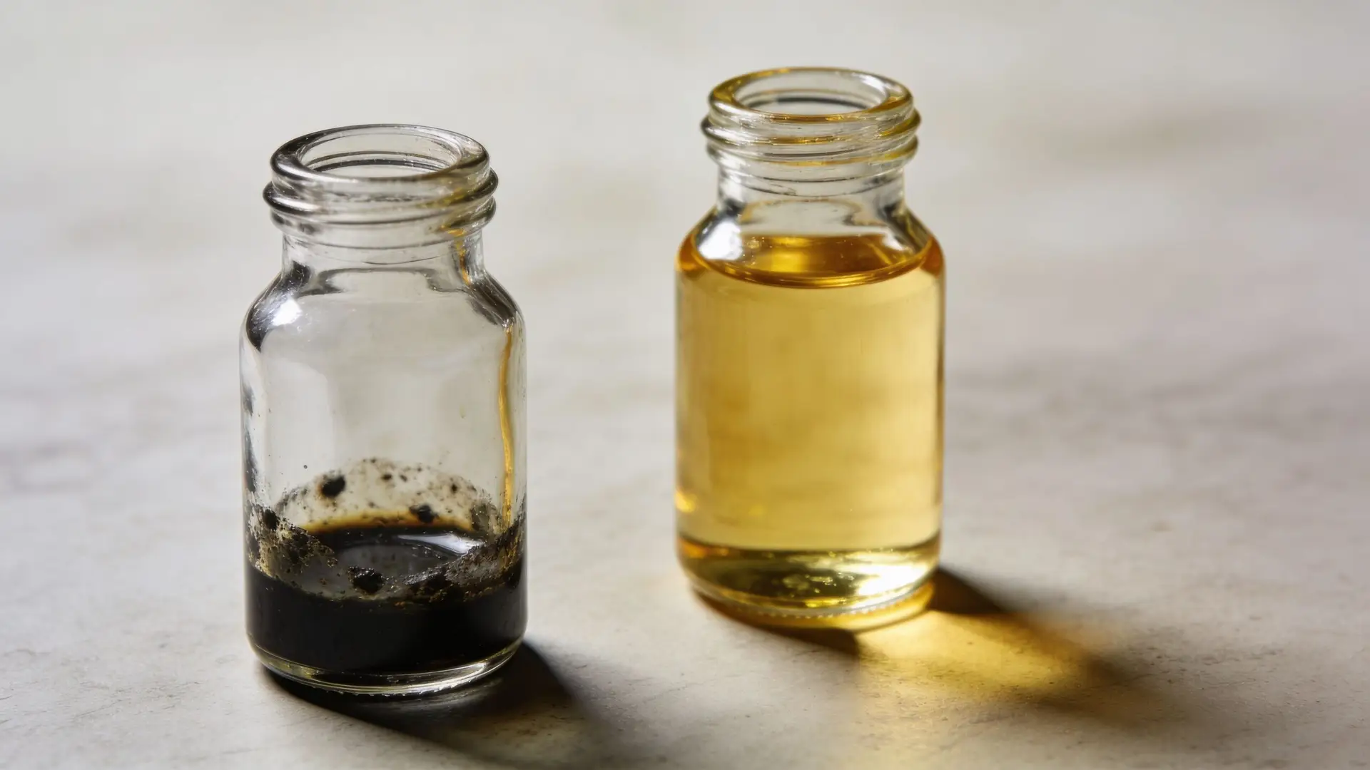 A comparison showing a glass vial with thick black used motor oil and one with clean oil.