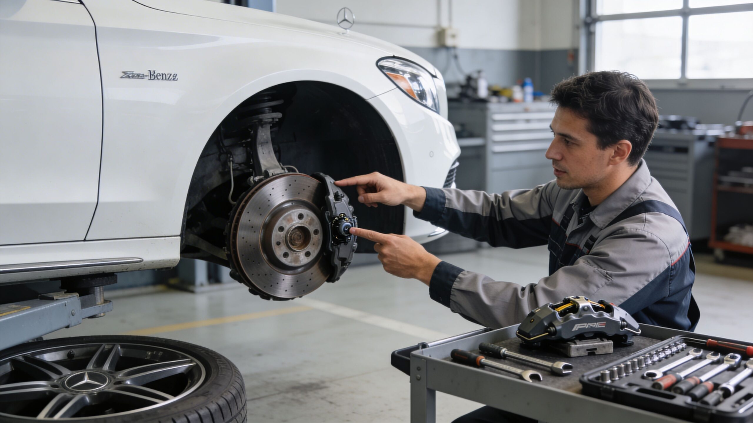 A professional mechanic in a garage inspecting the brake caliper assembly on a white Mercedes Benz vehicle.