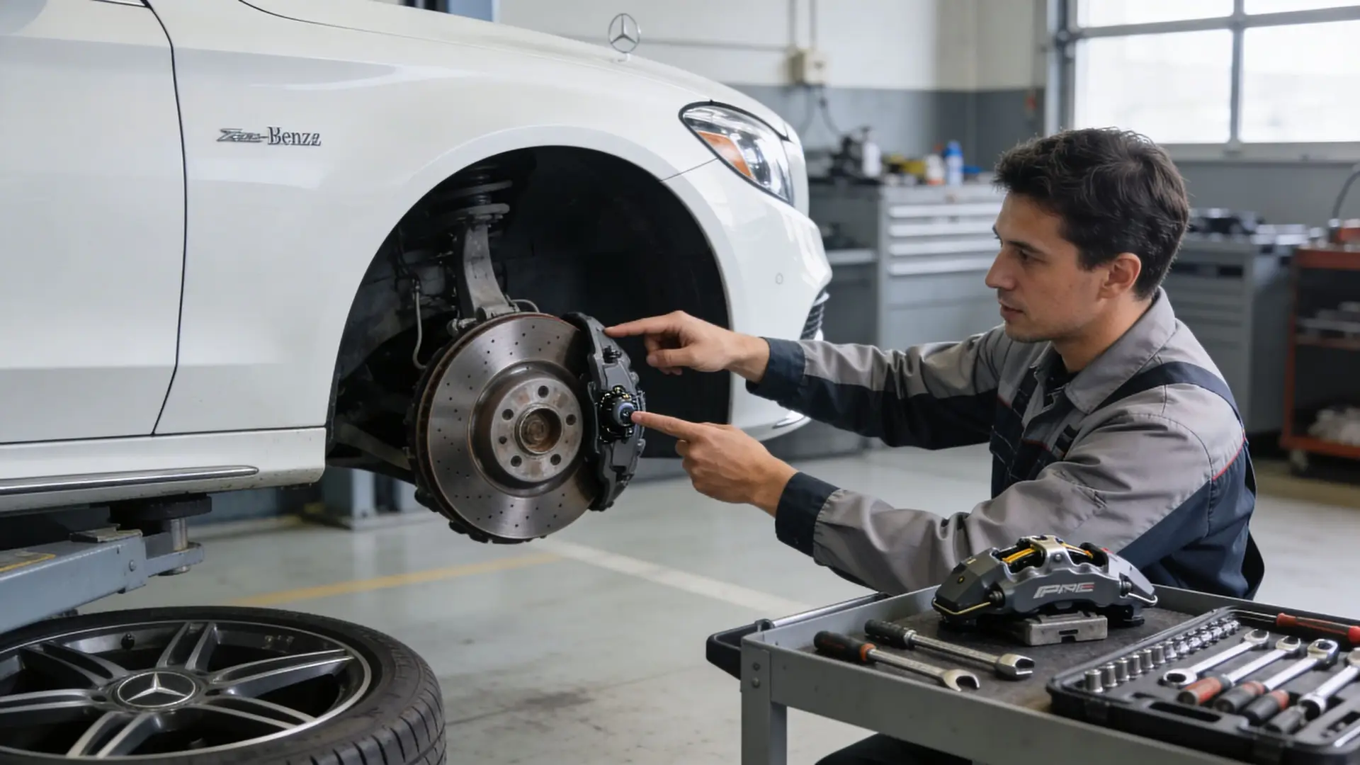 A professional mechanic in a garage inspecting the brake caliper assembly on a white Mercedes Benz vehicle.