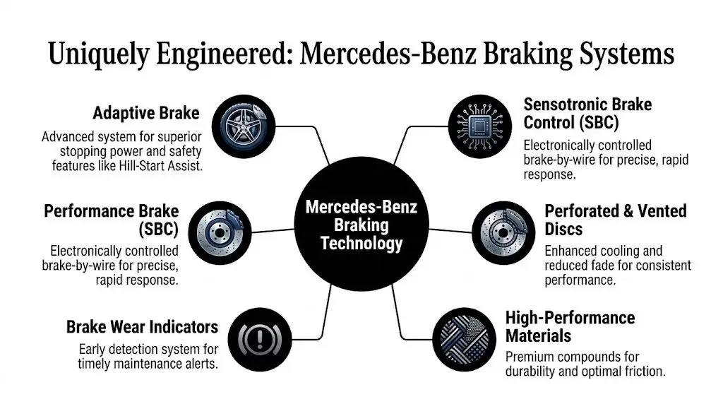 A diagram illustrating various Mercedes-Benz braking technologies including adaptive brake, SBC, and performance components.