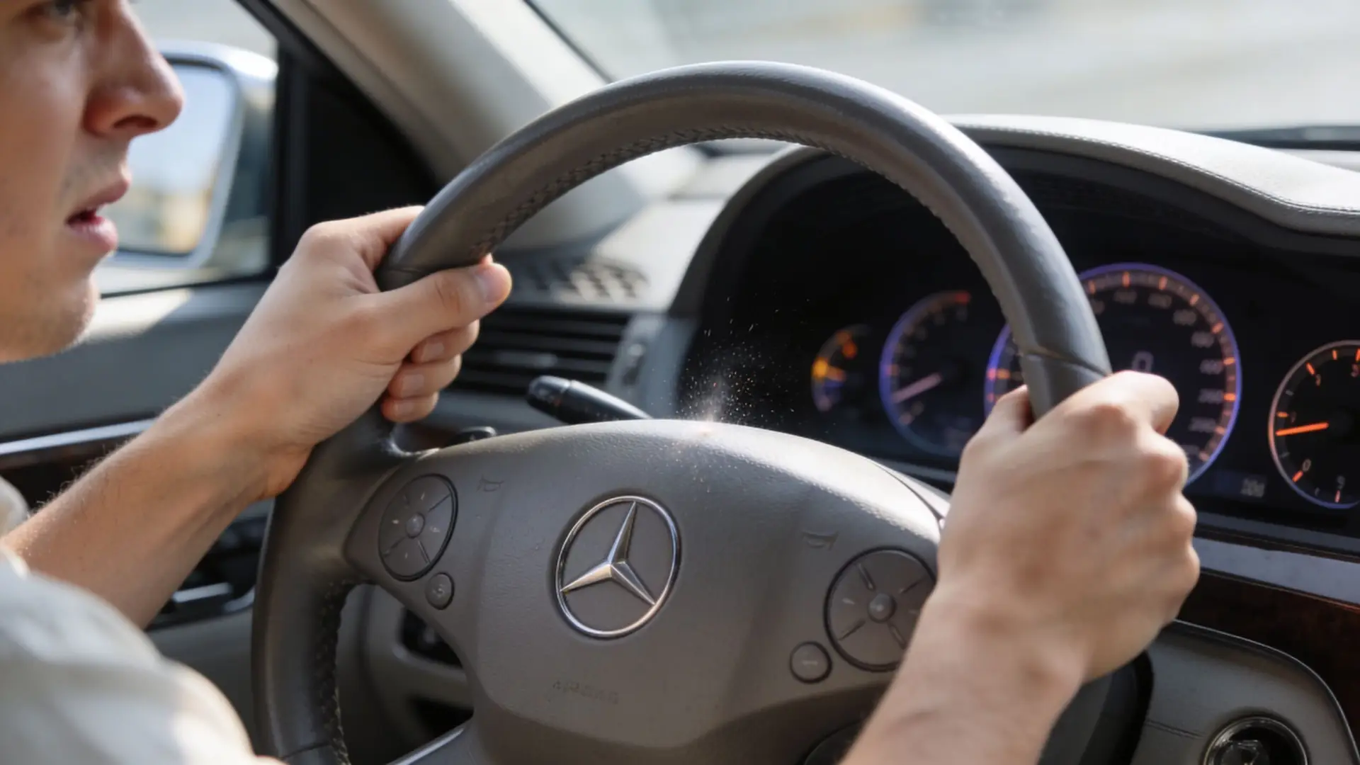 A close up view of a man driving a Mercedes-Benz car with his hands on the steering wheel.