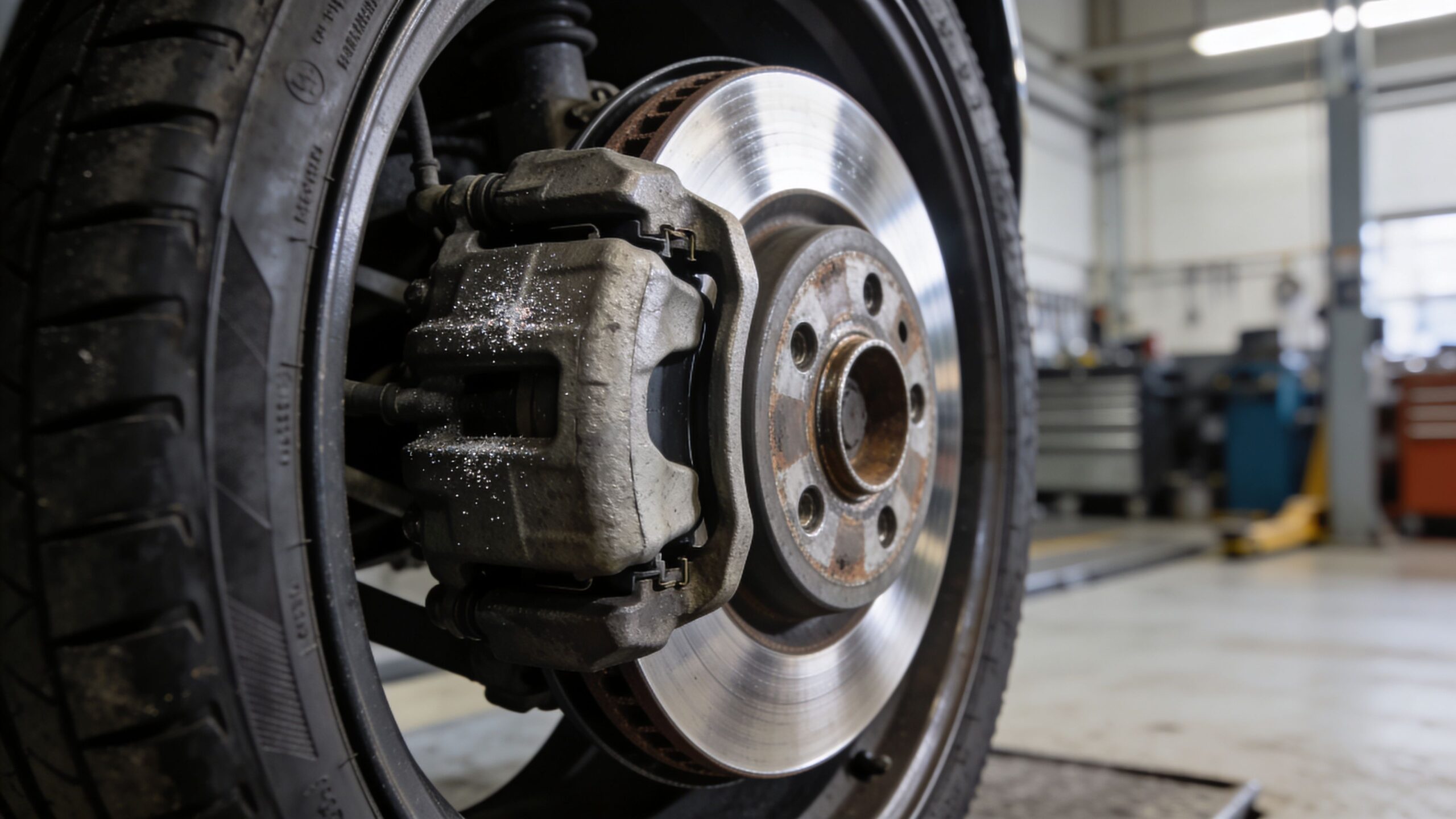A close-up view of a car brake disc and caliper assembly inside a professional auto repair shop.