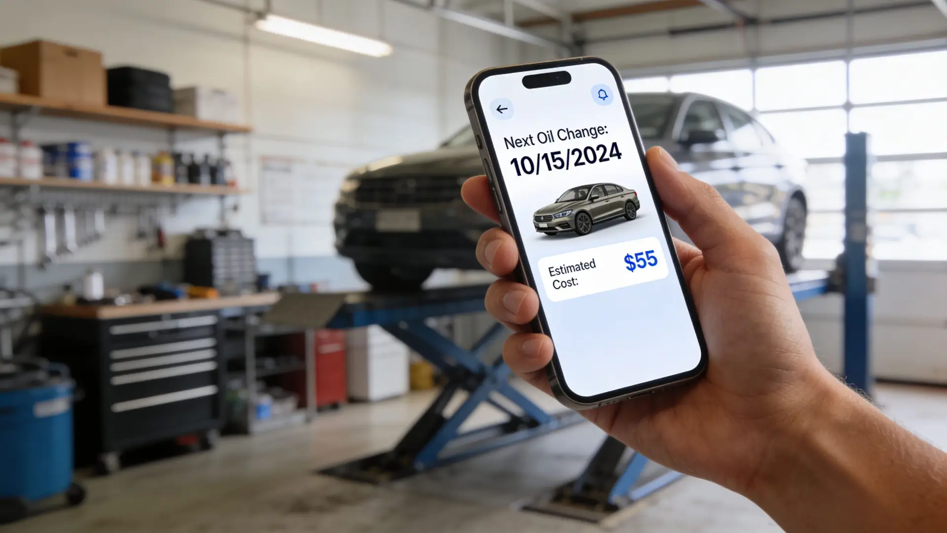 A hand holding a smartphone showing car maintenance details including an oil change date and cost estimate.